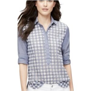 LOFT Chambray Eyelet Blouse Medium | Blue Boho Long Sleeve Lightweight Top